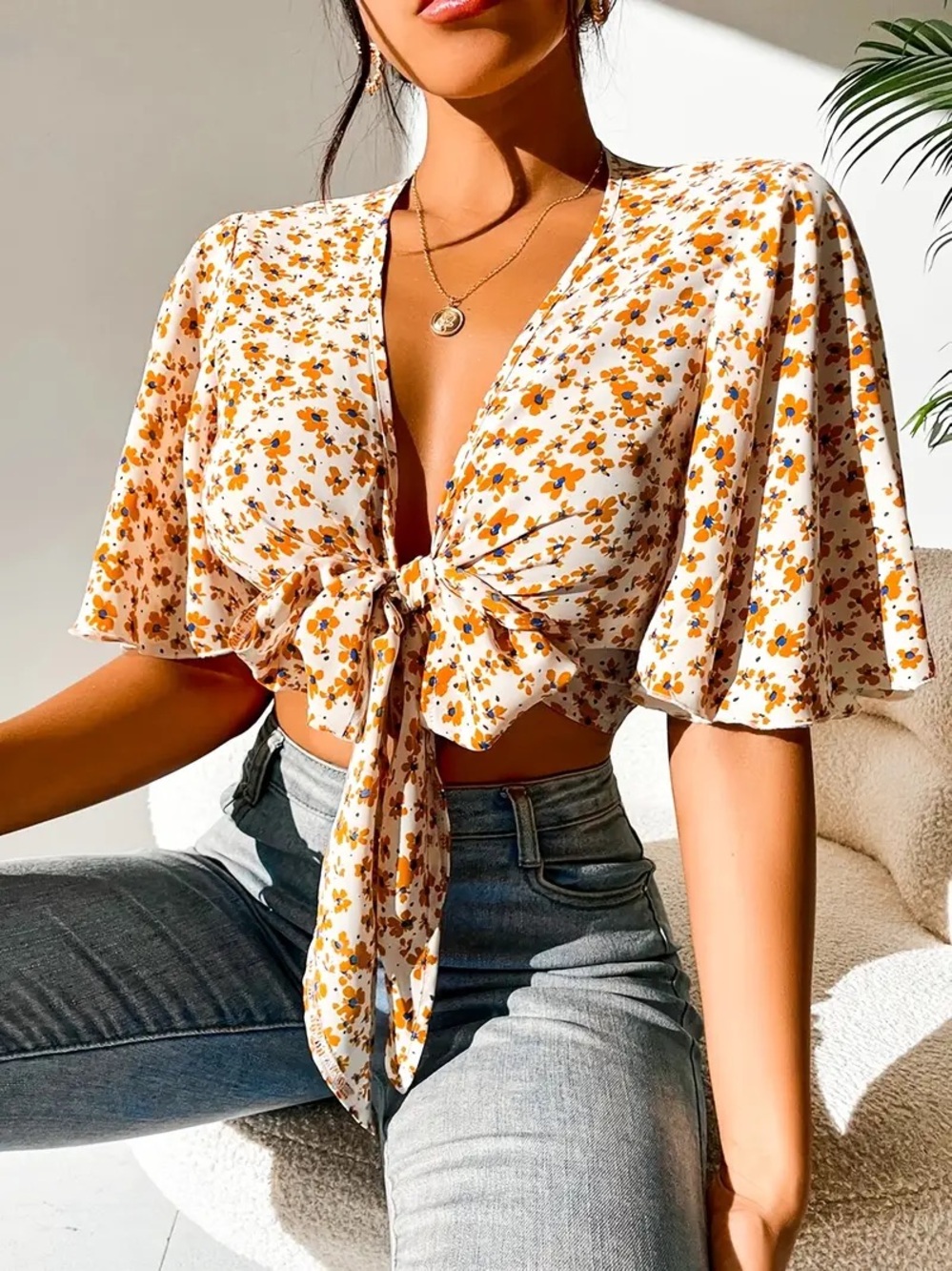 Yellow Floral Tie-Front Cropped Blouse